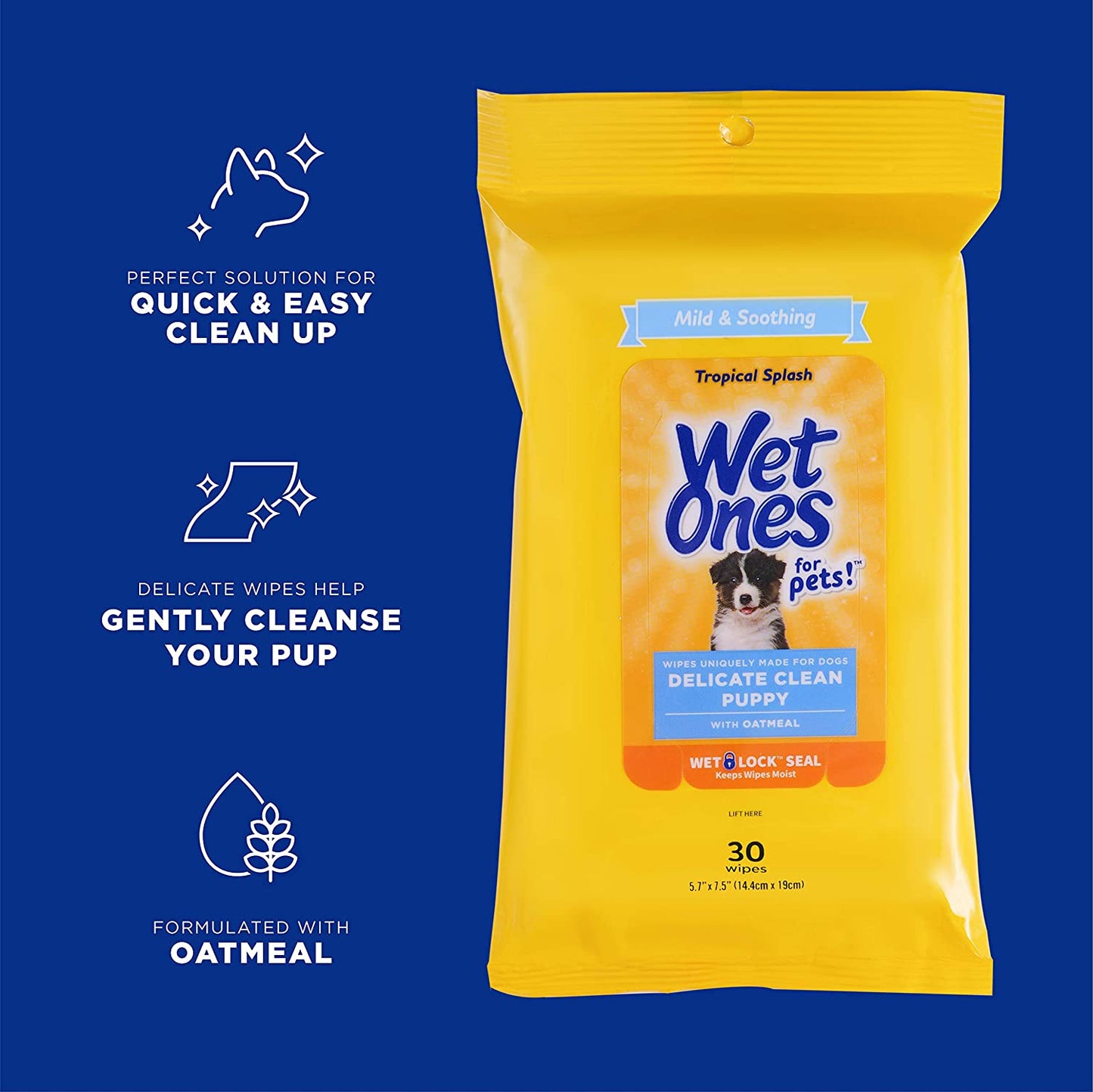 for Pets Delicate Clean Puppy Cleaning Wipes with Oatmeal | Mild & Soothing Puppy Grooming Wipes in Tropical Splash Scent, Wipes with Wet Lock Seal | 30 Ct Pouch Dog Wipes