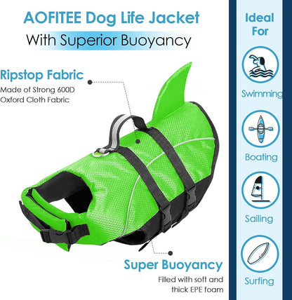 Dog Life Jacket Ripstop Dog Life Vest, Reflective Dog Safety Vest for Boating Swimming, Dog Shark Life Jackets Dog Lifesaver with Rescue Handle for Small Medium Dogs