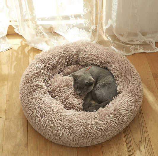 Plush Faux Fur round Pet Dog Bed, Comfortable Fuzzy Donut Cuddler Cushion for Dogs & Cats, Soft Shaggy and Warm for Winter