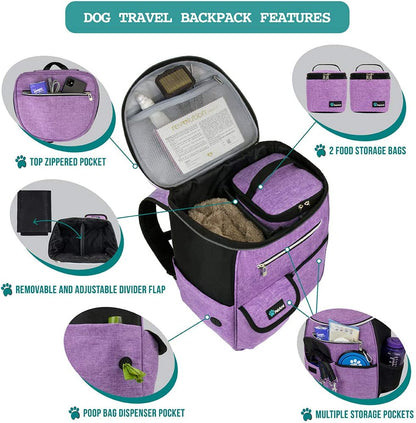 Dog Travel Bag Backpack, Airline Approved Dog Bags for Traveling, Puppy Diaper Bag Supplies, Pet Camping Essentials Hiking Accessories Dog Mom Gift, Food Container, Collapsible Bowls, Purple