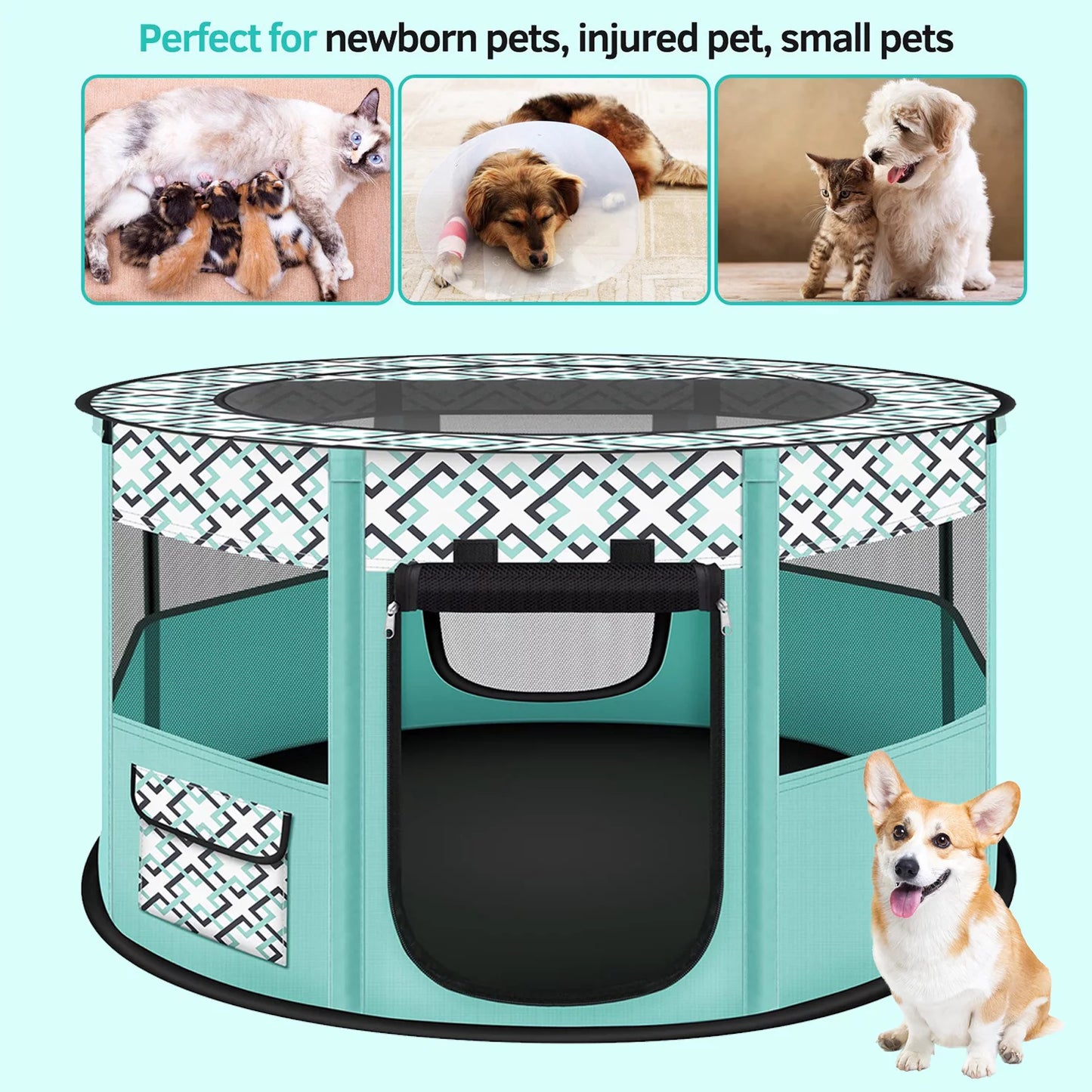 Large Pet Playpen, 44" Diameter 24" Height Dog Playpen, Heavy Duty Portable Exercise Pen Tent for Dog, Cat, Rabbit, Foldable Indoor Outdoor Travel Use, Come with Carrying Case